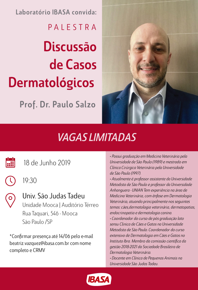 O evento vai acontecer em 18 de junho às 19h30 na Universidade São Judas Tadeu, em São Paulo/SP. Interessados devem realizar inscrição até 14 de junho pelo e-mail beatriz.vazquez@ibasa.com.br, informando nome completo e CRMV.